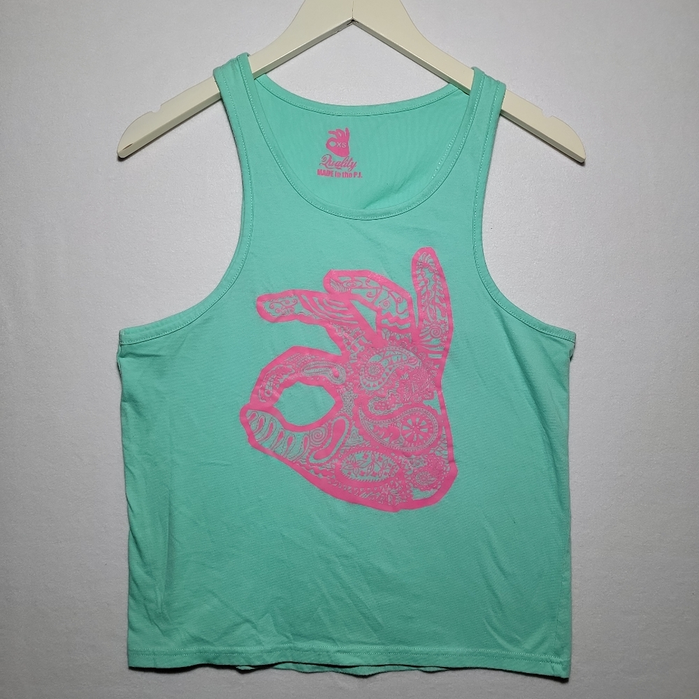 Quality OK Henna Hand Design Tank Top Mint & Pink Size XS Sleeveless Adorable.